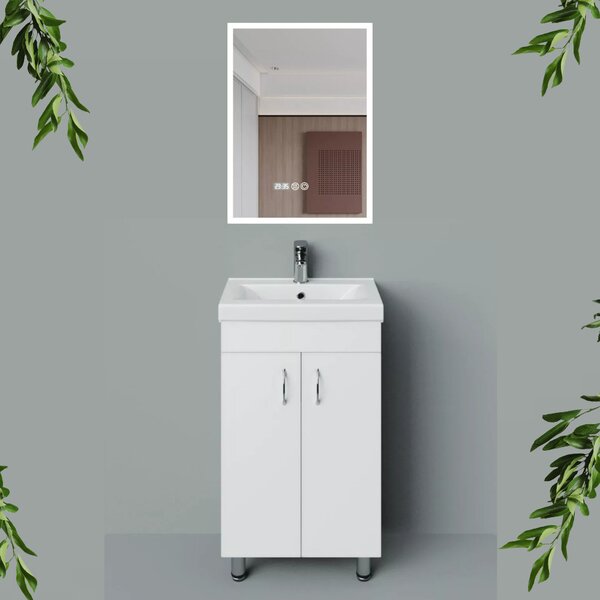 LIGHT 50 cm széles álló fürdőszobai mosdószekrény, fényes fehér, króm kiegészítőkkel, 2 ajtóval, szögletes kerámia mosdóval és LED okostükörrel