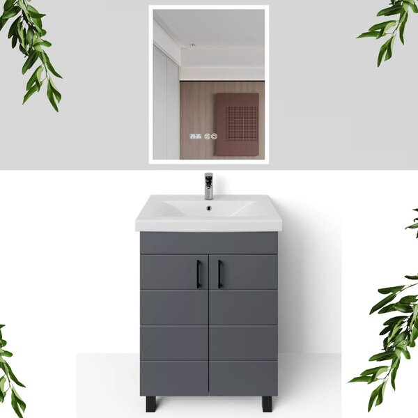 HÉRA 65 cm széles álló fürdőszobai mosdószekrény, sötét szürke, fekete kiegészítőkkel, 2 soft close ajtóval, szögletes kerámia mosdóval és LED okostükörrel