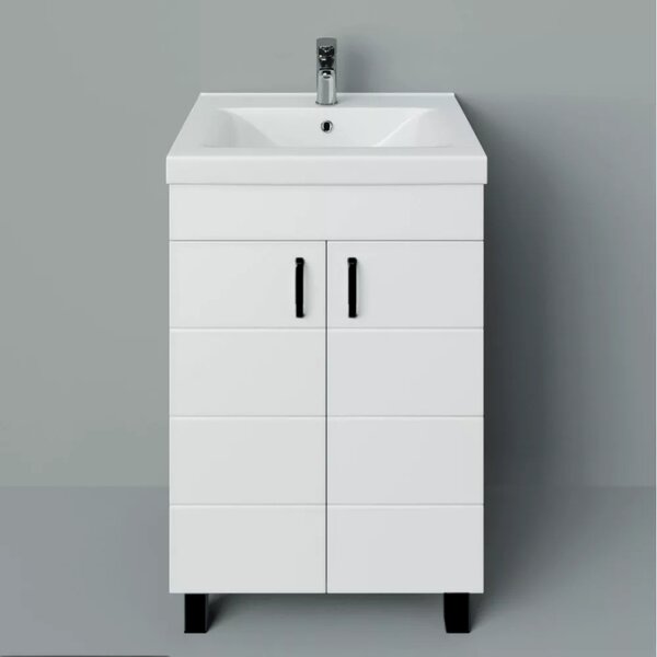 HD HÉRA 55 cm széles álló fürdőszobai mosdószekrény, fényes fehér, fekete kiegészítőkkel, 2 soft close ajtóval, szögletes kerámia mosdóval