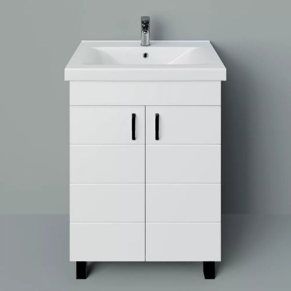 HÉRA 65 cm széles álló fürdőszobai mosdószekrény, fényes fehér, fekete kiegészítőkkel, 2 soft close ajtóval, szögletes kerámia mosdóval