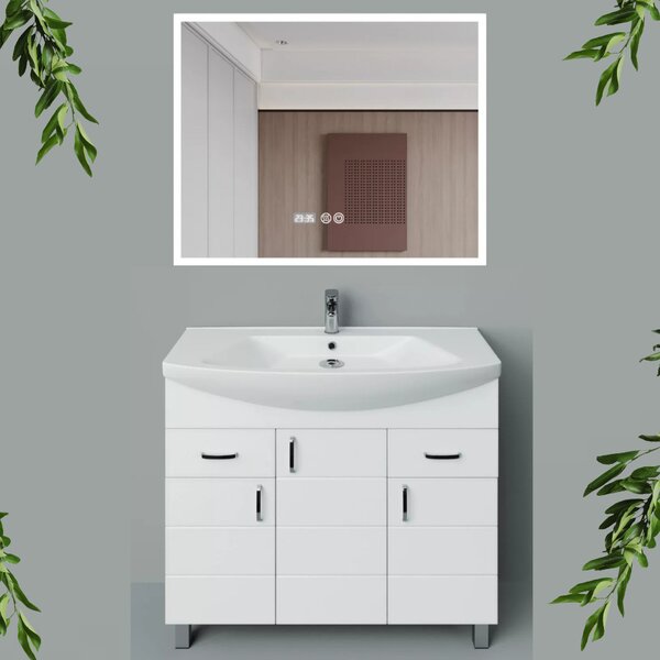 HD MART 100 cm széles álló fürdőszobai mosdószekrény, fényes fehér, króm kiegészítőkkel, 3 soft close ajtóval és 2 fiókkal, íves kerámia mosdóval és LED okostükörrel