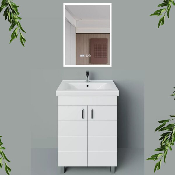 HÉRA 65 cm széles álló fürdőszobai mosdószekrény, fényes fehér, króm kiegészítőkkel, 2 soft close ajtóval, szögletes kerámia mosdóval és LED okostükörrel
