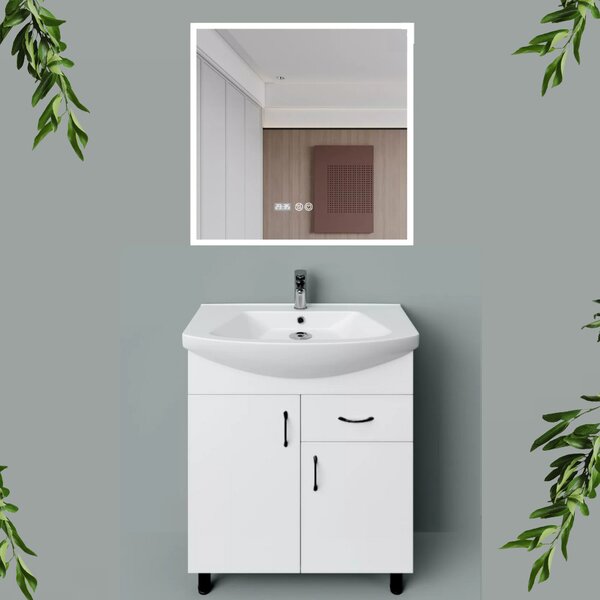 STANDARD 75 cm széles álló fürdőszobai mosdószekrény, fényes fehér, fekete kiegészítőkkel, 2 ajtóval és 1 fiókkal, íves kerámia mosdóval és LED okostükörrel