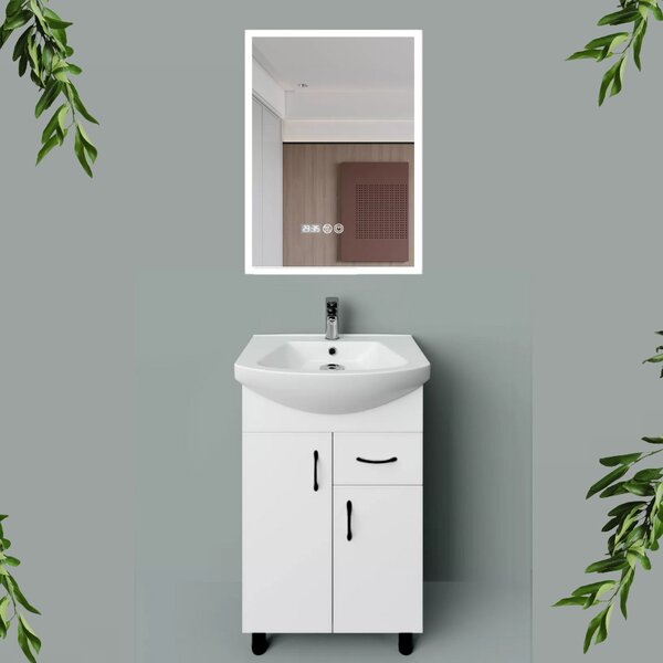 STANDARD 55 cm széles álló fürdőszobai mosdószekrény, fényes fehér, fekete kiegészítőkkel, 2 ajtóval és 1 fiókkal, íves kerámia mosdóval és LED okostükörrel
