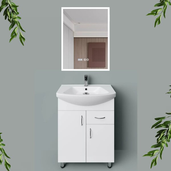 STANDARD 65 cm széles álló fürdőszobai mosdószekrény, fényes fehér, króm kiegészítőkkel, 2 ajtóval és 1 fiókkal, íves kerámia mosdóval és LED okostükörrel