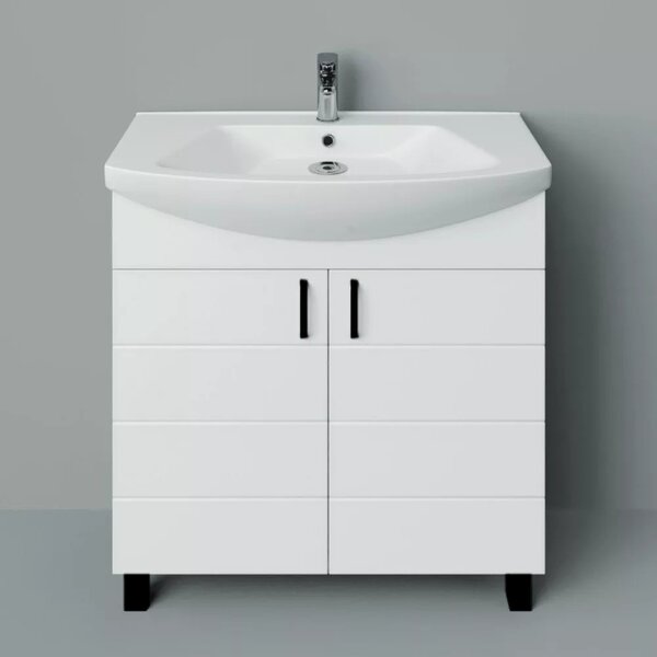 HD MART 75 cm széles álló fürdőszobai mosdószekrény, fényes fehér, fekete kiegészítőkkel, 2 soft close ajtóval, íves kerámia mosdóval