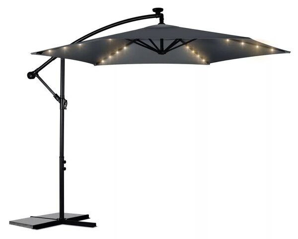 Kerti napernyő, Plonos PL-882, szürke, átmérő: 350 cm, magasság: 250 cm, összecsukható, 6 szegmens, acél váz, vízálló PE ponyva, 180 g/m2, világítás
