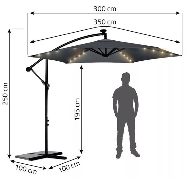 Kerti napernyő, Plonos PL-882, szürke, átmérő: 350 cm, magasság: 250 cm, összecsukható, 6 szegmens, acél váz, vízálló PE ponyva, 180 g/m2, világítás
