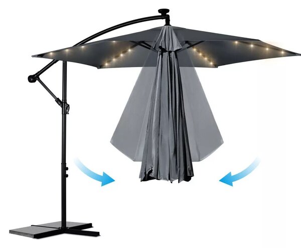 Kerti napernyő, Plonos PL-882, szürke, átmérő: 350 cm, magasság: 250 cm, összecsukható, 6 szegmens, acél váz, vízálló PE ponyva, 180 g/m2, világítás