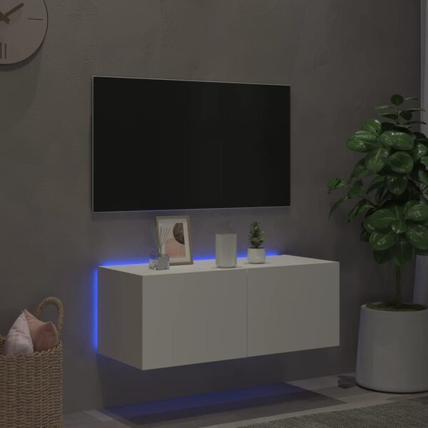 Fehér falra szerelhető TV-szekrény LED-lámpákkal 80x35x31 cm