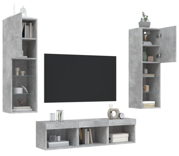 5 darab betonszürke szerelt fa fali TV-bútor LED-del