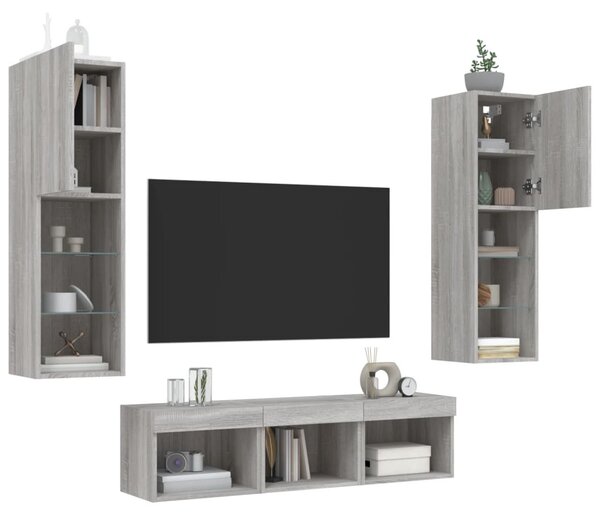 5 darab szürke sonoma színű szerelt fa fali TV-bútor LED-del