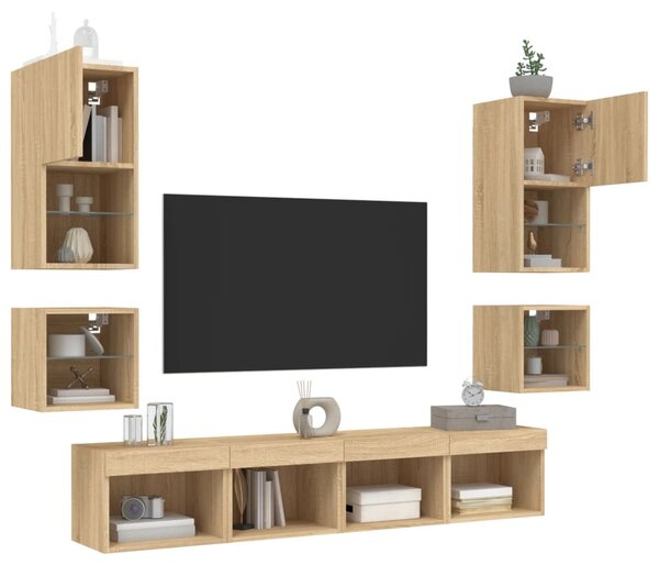 8 darab füstös tölgy színű szerelt fa TV-bútor LED-del