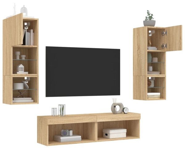 6 darab füstös tölgy színű szerelt fa TV-bútor LED-del