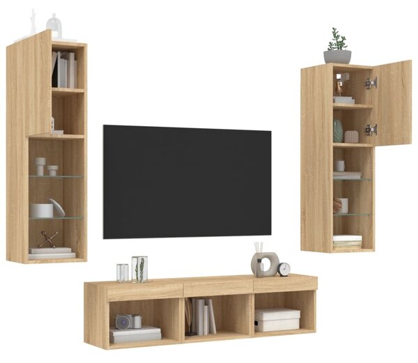 5 darab füstös tölgy színű szerelt fa TV-bútor LED-del