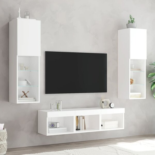 5 darab fehér szerelt fa fali TV-bútor LED-del