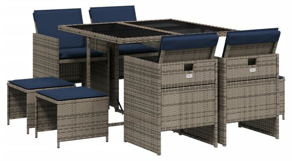 VidaXL 9 db szürke polyrattan kerti étkezőgarnitúra párnákkal