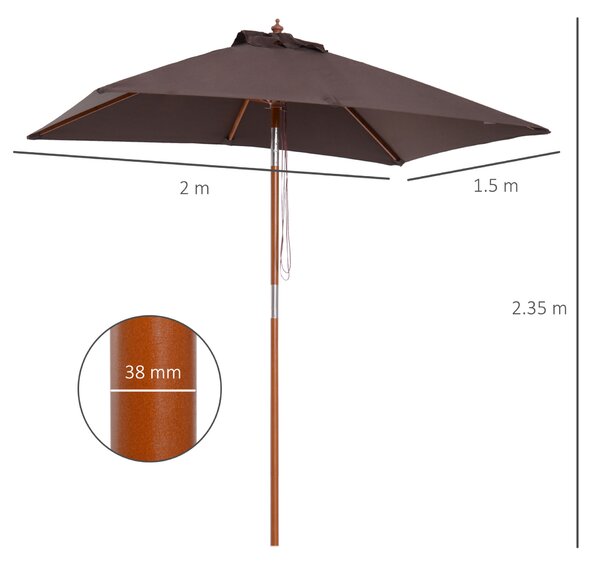 Outsunny dönthető téglalap alakú napernyő, 2x1,5 m, 6 bordával és zsinóros nyitással, bambuszból és poliészterből, kávé színű
