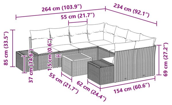VidaXL Kerti Kanapé Szett 9 db Fekete polirattan