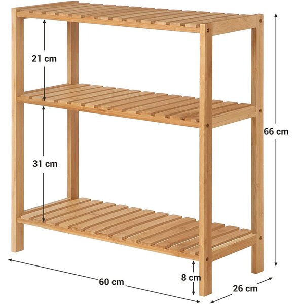 Bambusz polc fürdőszobába, konyhába, 3 szintes 59x26x66cm