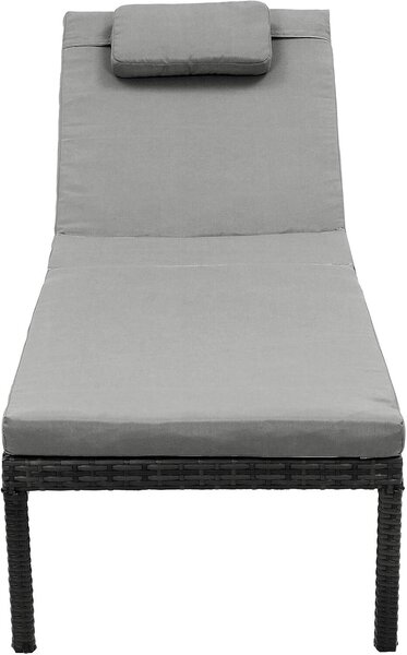 SONGMICS kerti napozóágy vastag párnával és támlával, PE rattan és fém, maximális teherbírás 150 kg, 195x65x40 cm, fekete és szürke