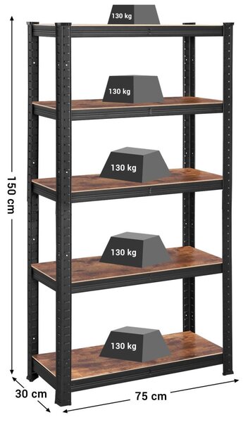 Polcos állvány, salgópolc, 130kg polconkénti teherbírással, fekete 150x75x30cm