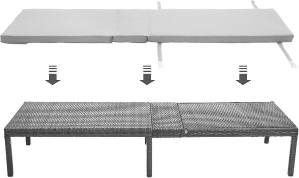 SONGMICS kerti napozóágy vastag párnával és támlával, PE rattan és fém, maximális teherbírás 150 kg, 195x65x40 cm, fekete és szürke