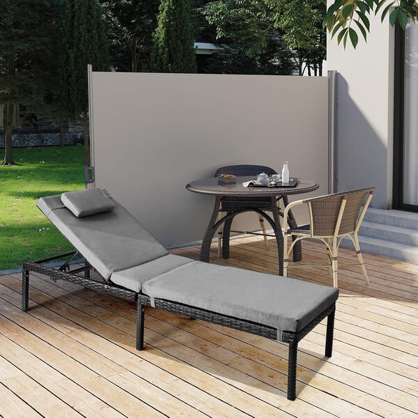 SONGMICS kerti napozóágy vastag párnával és támlával, PE rattan és fém, maximális teherbírás 150 kg, 195x65x40 cm, fekete és szürke