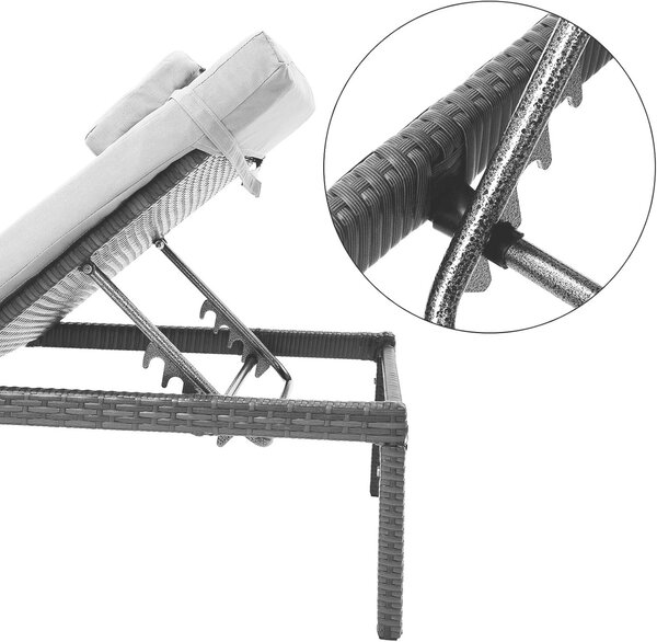 SONGMICS kerti napozóágy vastag párnával és támlával, PE rattan és fém, maximális teherbírás 150 kg, 195x65x40 cm, fekete és szürke