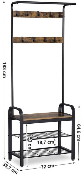 Előszoba fogas polccal, akasztókkal, cipőtartóval és ülőkével, rusztikus barna 183x72x33cm