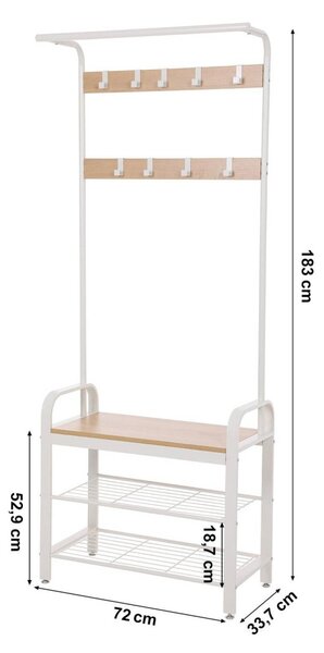 Előszoba fogas polccal, akasztókkal, cipőtartóval és ülőkével, tölgy 183x72x33cm