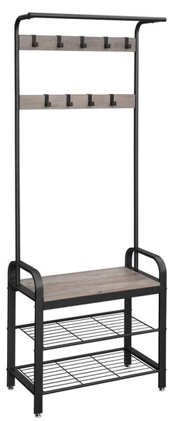 Előszoba fogas polccal, akasztókkal, cipőtartóval és ülőkével, greige 183x72x33cm