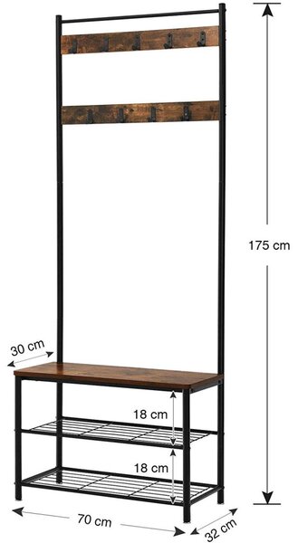 Előszoba fogas polccal, akasztókkal, cipőtartóval és ülőkével, rusztikus barna 70x32x175cm