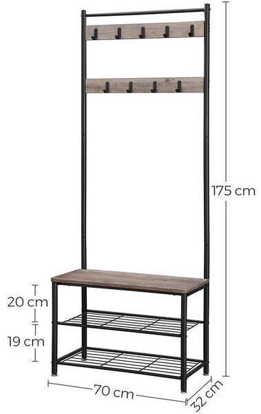 Előszoba fogas polccal, akasztókkal, cipőtartóval és ülőkével, greige 70x32x175cm