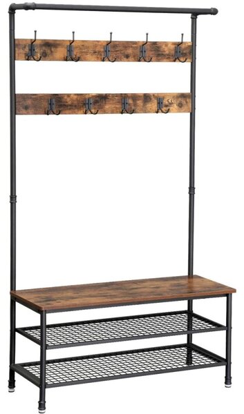 Előszoba fogas polccal, akasztókkal, cipőtartóval és ülőkével, rusztikus barna 97x41x182cm