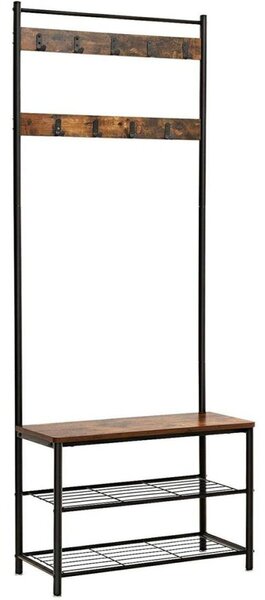 Előszoba fogas polccal, akasztókkal, cipőtartóval és ülőkével, rusztikus barna 70x32x175cm