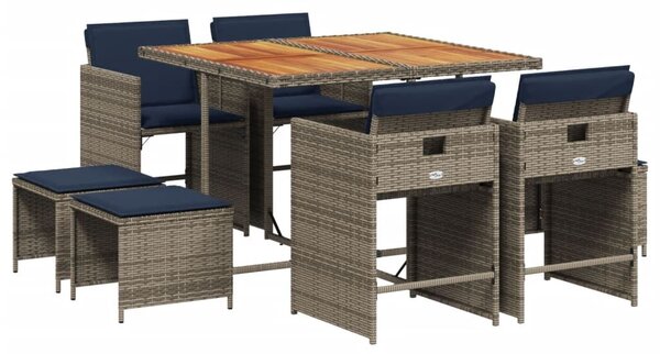 VidaXL 9 db szürke polyrattan kerti étkezőgarnitúra párnákkal