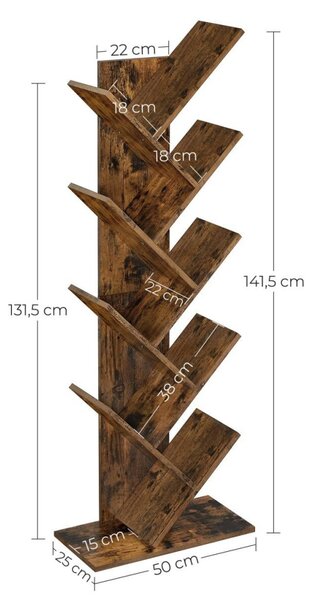 Könyvespolc, állópolc, rusztikus barna 50x25x141cm