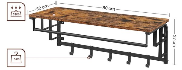 Fali ruhafogas akasztókkal és polccal, fekete 80x30x27cm