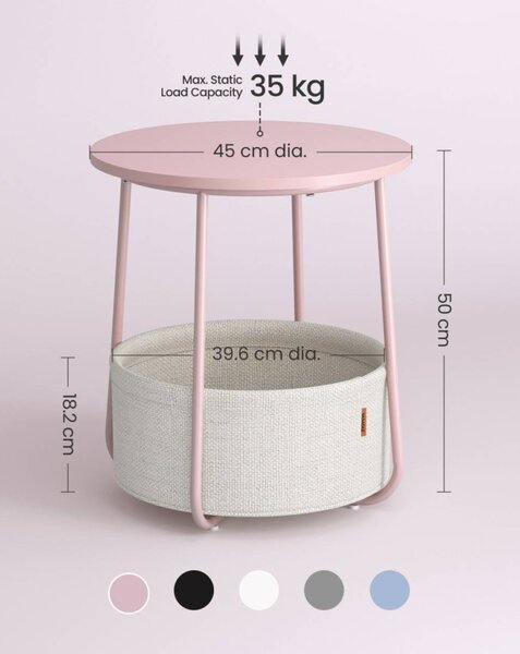 Kerek lerakóasztal szövet kosárral, pasztellrózsaszín és fehér 45×51cm