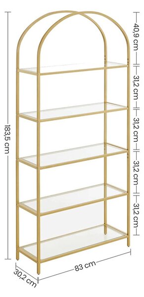 Fém tároló polc 5 szintes edzett üveg polcokkal, arany 83x30x183cm