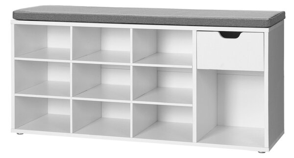 Cipőtároló pad, fiókkal és nyitott rekeszekkel, párnázott ülőfelülettel, fehér és szürke 104x30x48cm