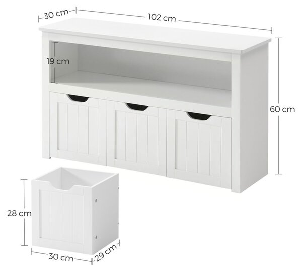 Tároló szekrény, játéktároló, 3 gurulós, kihúzható tárolódobozzal, fehér 102 x 30 x 60 cm