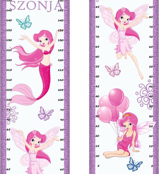 Pink, lila tündér és sellő, csillámos magasságmérős falmatrica, névre szóló, jobb, bal kétoldalas | 35 cm x 150 cm
