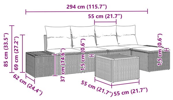 VidaXL Kerti Kanapé Szett 6 db Fekete polirattan