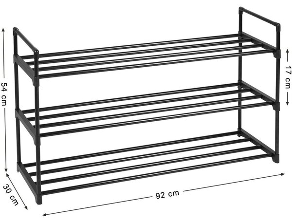 Cipőtartó állvány, 3 szintes 12-15 pár cipőhöz, 30 x 92 x 54 cm, fekete