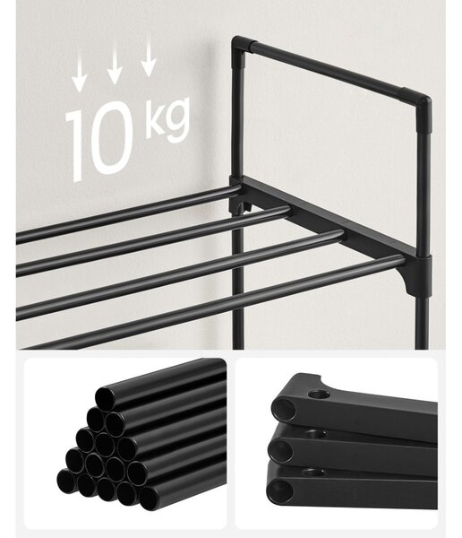 Cipőtartó polc 3 szintes fém vázzal, fekete 92x30x55cm