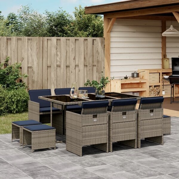 VidaXL 11 db szürke polyrattan kerti étkezőgarnitúra párnákkal