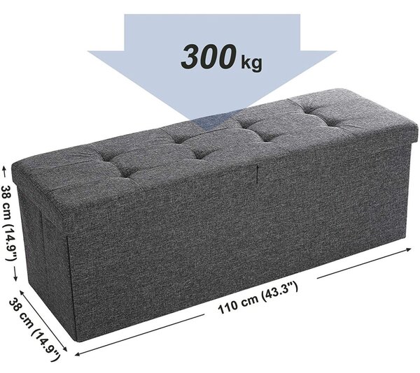 Összecsukható vászon tárolópuff, felnyitható ottomán, sötétszürke 110x38x38cm