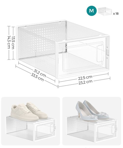 Cipőtároló doboz, egymásra rakható műanyag tároló 18db, átlátszó 33 x 23 x 14cm